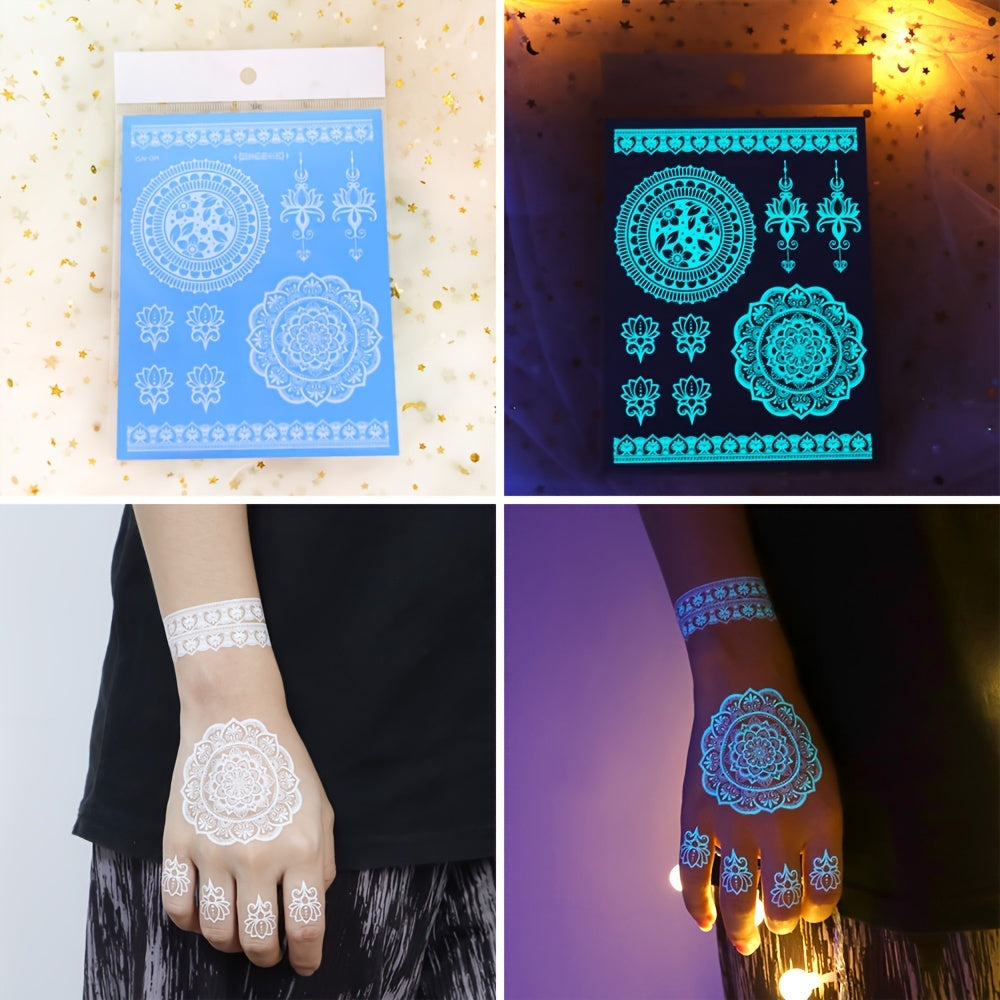 6 Sheets Glow-in-the-Dark Blue Luminous Tattoo Stickers - Tribal White Lace Lotus Mandala Flower Designs, Waterproof Fake Jewelry Pendant Pattern, Perfect for Wedding, Music Festival, Party Supplies and Daily Wear - Easy to A