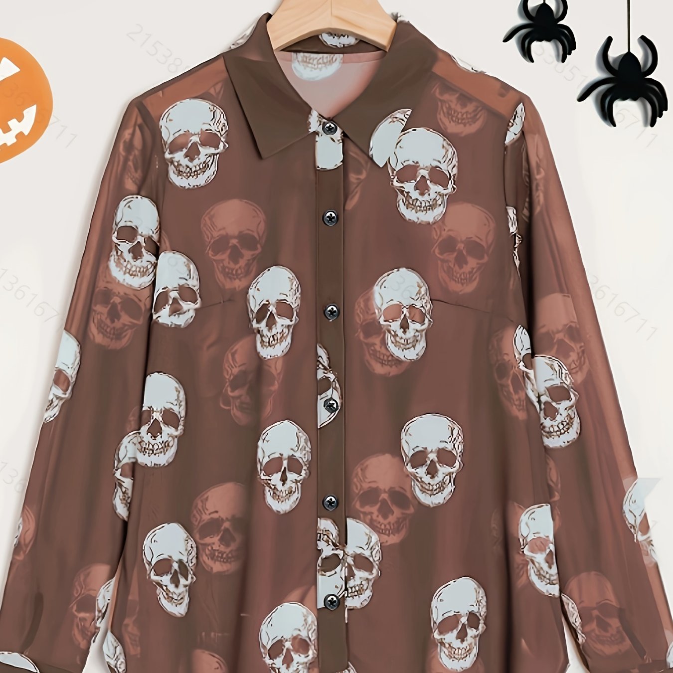 Women'S Elegant Halloween Skull Print Shirt, 100% Polyester Linen Blend, All-Season Lapel Collar, Woven Fabric, 180gsm - Adult Fashion Top
