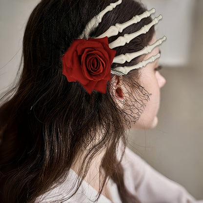[Gothic Skull Hair Clip] 1pc Vintage-Style Gothic Skull Hair Clip with Faux Roses And Lace | Fashionable Side Hairpin for Spooky Vibe, Perfect for Parties And Everyday Wear