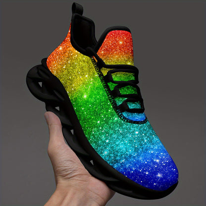 Men's Rainbow Glitter Gradient Sneakers - Lightweight Breathable Mesh Streetwear Shoes with Cushioned EVA Sole, Lace-Up Trainers for Running, Parties, Everyday - Plus Size Available (Green/Blue/Purple/Red/Pink/Teal/Orange/Pur