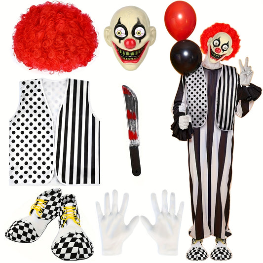 [6pcs Scary Clown Set] 6pcs Scary Clown Costume Accessories Set for Adult - Halloween Wig, Mask, Bloody Machete Prop, Gloves, Striped Vest & Shoes | Scary Circus Outfit Party Props