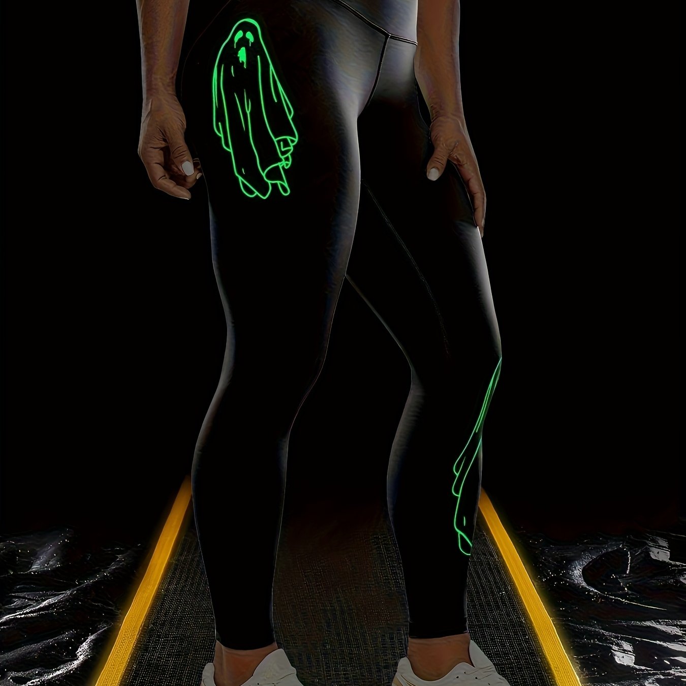 Halloween Fluorescent Skeleton Hands Printed Sports Yoga Leggings, High Waist Workout Running Sports Tight Pants, Women's Activewear Carnaval for carnival & Music Festival
