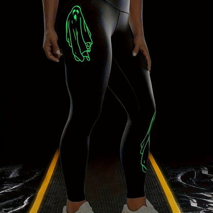 Halloween Fluorescent Skeleton Hands Printed Sports Yoga Leggings, High Waist Workout Running Sports Tight Pants, Women's Activewear Carnaval for carnival & Music Festival