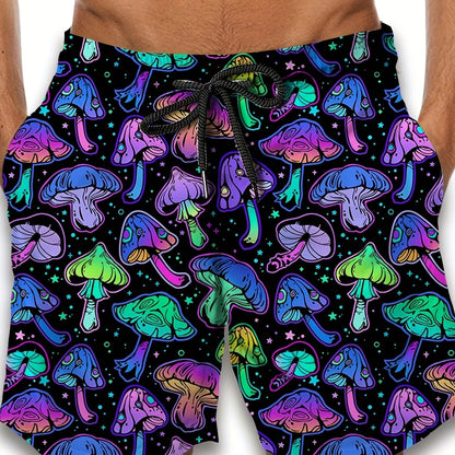 Men's Retro Neon Mushroom 3D Print Casual Athletic Shorts - Vibrant Psychedelic Design, Drawstring Waist, Comfortable for Basketball & Streetwear