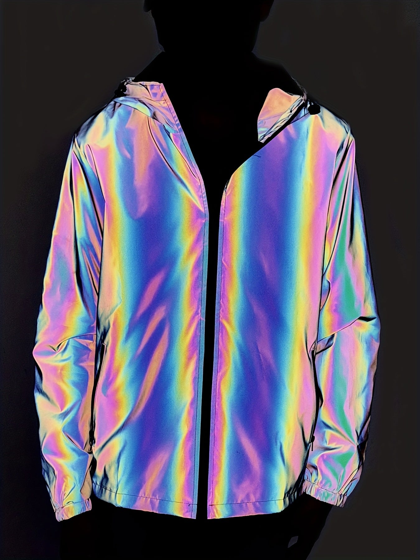 Men'S Reflective Rainbow Hooded Jacket - Stylish Casual Streetwear with Zipper Front, Long Sleeves, and Pockets for Spring & Fall, Spring Jacket | Iridescent Finish | Glossy Finish, Reflective Jacket