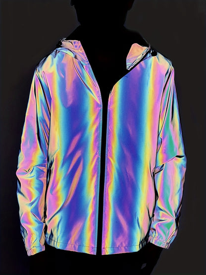 Men'S Reflective Rainbow Hooded Jacket - Stylish Casual Streetwear with Zipper Front, Long Sleeves, and Pockets for Spring & Fall, Spring Jacket | Iridescent Finish | Glossy Finish, Reflective Jacket