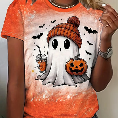 Women'S Halloween T-Shirt - Cute Ghost with Pumpkin & Bat Design, Casual Loose Fit Short Sleeve Round Neck Top, Machine Washable for Spring Summer Daily Wear & Halloween Parties, Halloween Clothes, Festive Party Attire, Playf