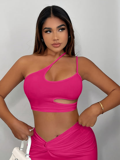 Women'S Sexy Neon Green One-Shoulder Cut-Out Crop Top - Stretchy Workout & Casual Wear, Perfect for Fitness, Parties, and Casual Attire, Fitness Apparel | Neon Green Top | Cutout Design, Gym Clothes
