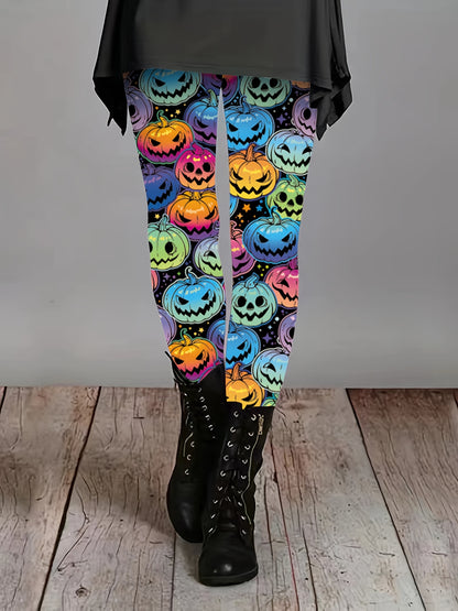 Women's Halloween Pants - Stretchy Leggings with Jack-O'-Lantern Print, Non-See-Through Fabric for Costume Parties, Everyday & Themed Events - Machine Washable Tight-Fit Bottoms, Seasonal Fashion, Vibrant Design, Durable Mate