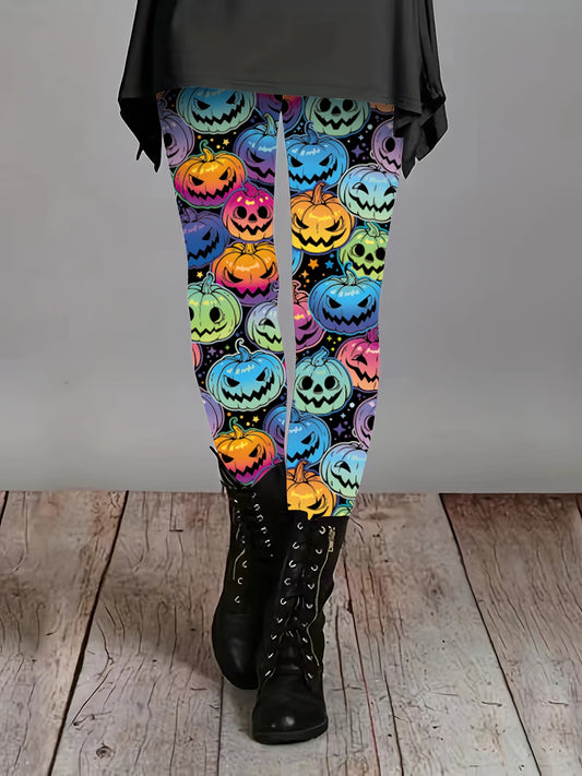 Women's Halloween Pants - Stretchy Leggings with Jack-O'-Lantern Print, Non-See-Through Fabric for Costume Parties, Everyday & Themed Events - Machine Washable Tight-Fit Bottoms, Seasonal Fashion, Vibrant Design, Durable Mate