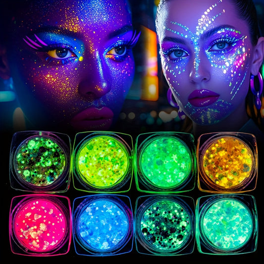 8 Colors Glow-in-the-Dark UV Gel Glitter - Quick Dry, Self-Adhesive Neon Face & Body Paint for St. Patrick's Day, Mardi Gras, Halloween, Raves & Festivals, Vibrant Blacklight Party Makeup Accessories, Festive Face Paint | Glo