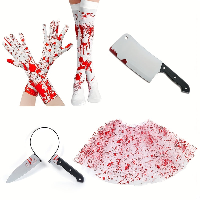 New Halloween Party Decorations Including Bloody Gloves, Blood-Stained Socks, And Aprons, Along with Plastic Pointed Knives And Handheld Cleavers for Costume Parties, Without Battery
