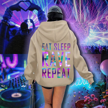 Plus Size, Women's Plus Size "EAT SLEEP RAVE REPEAT" Graphic Hoodie - Music Festival Print with Colorful Lights & DJ Design, Cozy Drawstring Hooded Sweatshirt for Winter & Autumn, Machine Washable Casual Pullover