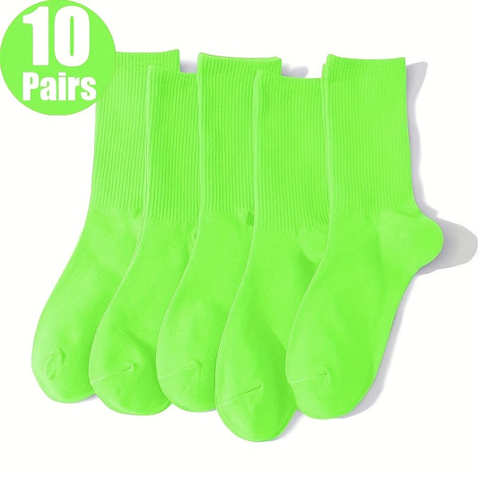 10 Pairs NCDATE Unisex Breathable Sweat-Absorbent Crew Socks - Soft, Comfortable Mid-Calf Socks in Bright Neon Green, Ribbed Texture for All-Day Wear, Fluffy Socks, Casual Sock, Minimalist Sock, Moisturewicking Sock