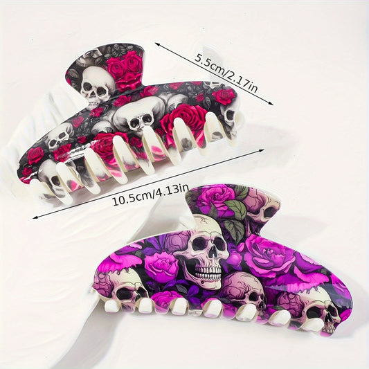 [Stylish Skull Hair Clips] 2pcs Stylish Women's Halloween Skull Hair Clips | Semi-High Back Scrunchies, Resin Shark Clips, Non-Slip Strong Fashionable Hair Accessories, Suitable for Festivals, Parties, Daily Use and Gifts