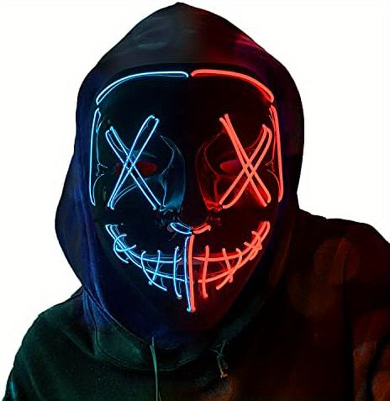 [LED Halloween Mask] 1pc LED Halloween Mask - Motion Sensor, Neon Glow, Sound-Activated Lighting, PVC Horror Face Mask for Adults/Teens, Compatible with Halloween, Haunted Houses, Clubs, Festive Celebration, Glowing Effect, H