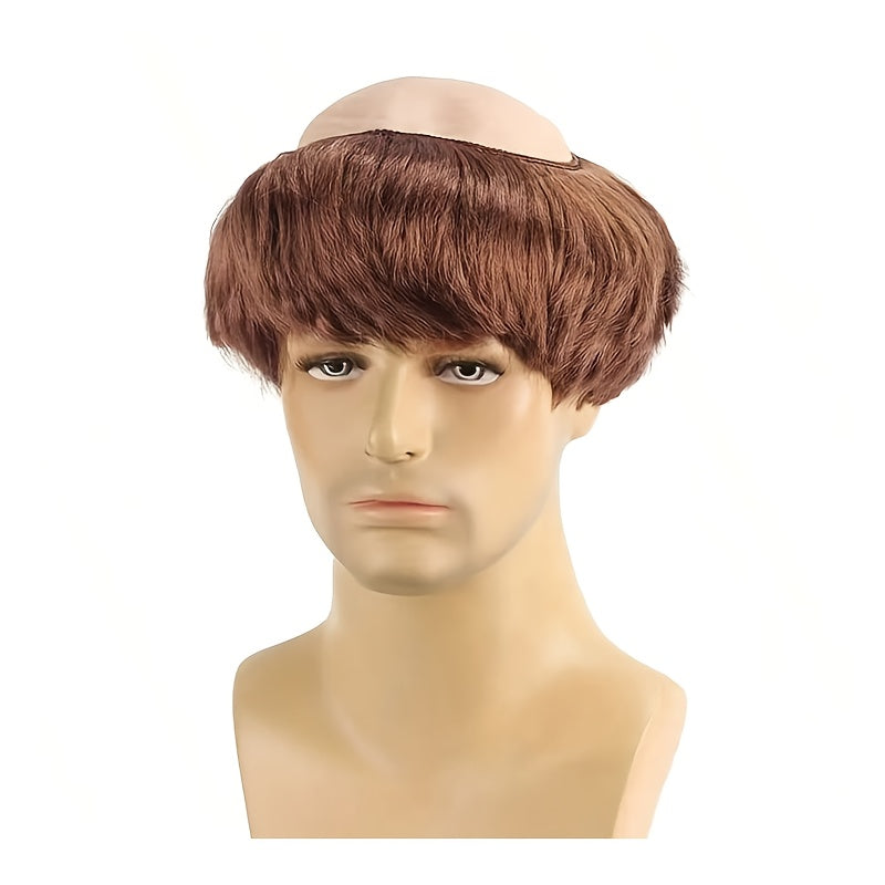 Men'S Brown Shaved-Head Monk Wig - Straight Short Hairpiece with Cap, Perfect for Halloween Costume, Themed Parties & Role-Playing (Cosplay)