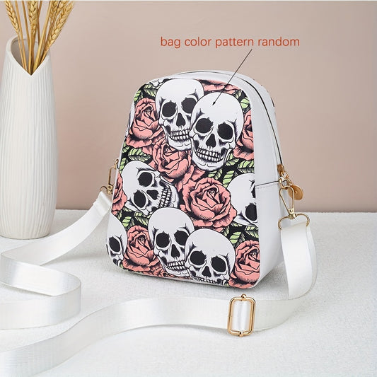 [Punk Crossbody Bag] Women's Lightweight Crossbody Bag | Punk Gothic Skull & Rose Print, Detachable Adjustable Strap, Zipper Closure, White with Black Floral Design, Goldtone Hardware, Durable Material, Small Handbag, Alterna