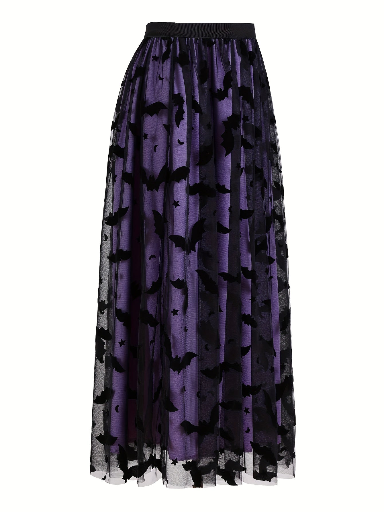 Plus Size - Elegant Plus Size Purple Tulle Skirt with Black Bat Print - Mid-Length, Flowy Design, Perfect for Casual or Formal Occasions, Formal Occasion Skirt | Bat Print Skirt | Polyester Fabric