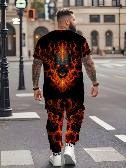Men's Large Size Round Neck 3D Printed Slim Fit Fiery Skull Personality Free and Bold Att! Fashionable and Trendy Versatile Plus Size Men's Round Neck Casual T-shirt and Pants Set, Tall Men's Two-Piece Set, Outdoor Leisure En