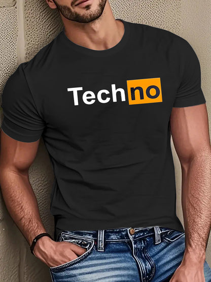 Men's Casual Summer T-Shirt - Soft Breathable Fabric with Bold "Techno" Letter Print & Orange Accent, Ribbed Collar, Regular Fit for Casual Attire, Summer T Shirts, Classic Round Neckline, Comfortable Tee Construction