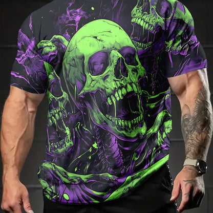 [Breathable Knit Fabric] Men's Plus Size 3D Skull Print T-Shirt - Breathable Knit Fabric, Black with Neon Green Skull Design, Regular Fit Casual Summer Outdoor & Casual Attire, PLUS Size