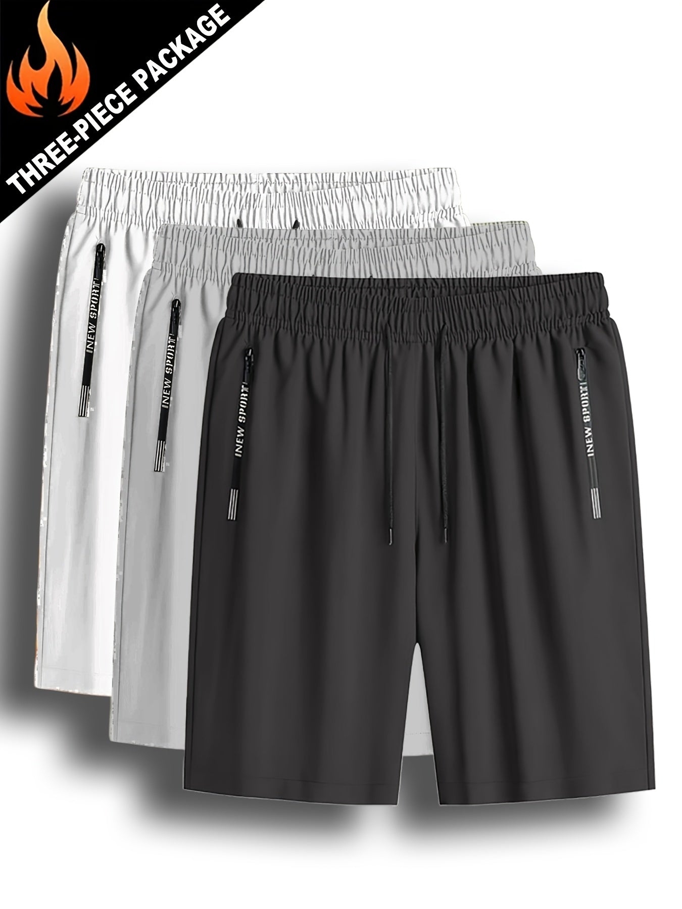 3pcs Men'S Lightweight Quick-Dry Running Shorts - Summer Casual Sport, Loose Fit, Zipper with White Accents, Elastic Waistband, Zipper Pockets, Polyester and Spandex Blend, Large Size