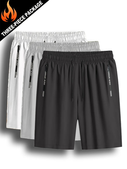 3pcs Men'S Lightweight Quick-Dry Running Shorts - Summer Casual Sport, Loose Fit, Zipper with White Accents, Elastic Waistband, Zipper Pockets, Polyester and Spandex Blend, Large Size