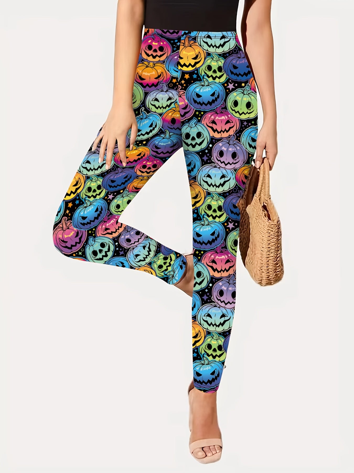 Women's Halloween Pants - Stretchy Leggings with Jack-O'-Lantern Print, Non-See-Through Fabric for Costume Parties, Everyday & Themed Events - Machine Washable Tight-Fit Bottoms, Seasonal Fashion, Vibrant Design, Durable Mate