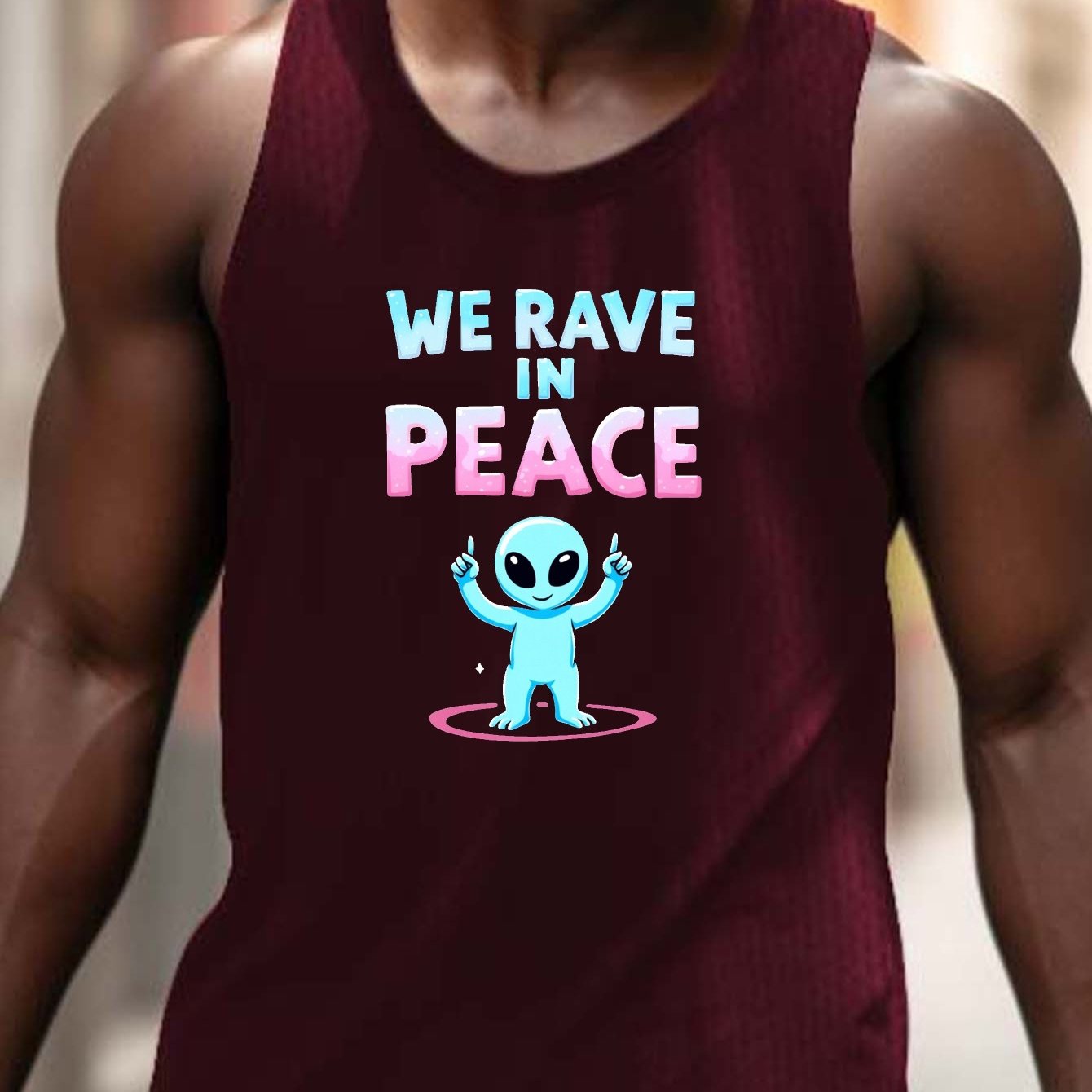 Men'S "We Rave in Peace" Graphic Tank Top - Casual Sleeveless Athletic Shirt, Breathable & Comfy, Black with Blue & Pink Alien Design, Perfect for Summer, Alien Clothe
