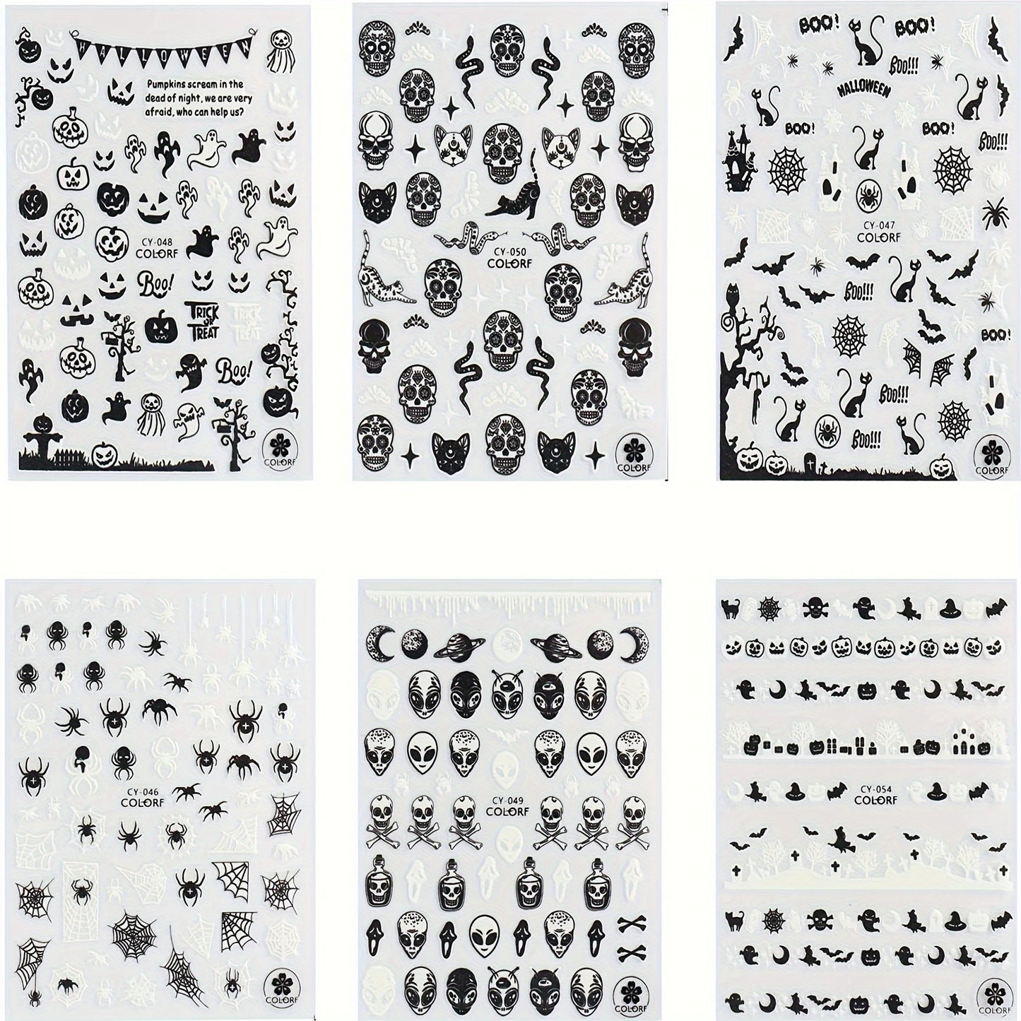 6pcs Glow-In-The-Dark Halloween Nail Art Stickers - Self-Adhesive, Reusable Decals With Skulls, Ghosts, Pumpkins & Spiders For Festive Manicure