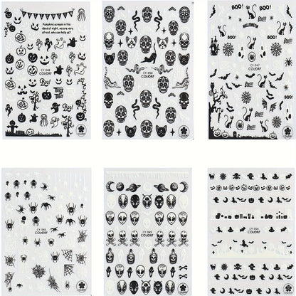 6pcs Glow-In-The-Dark Halloween Nail Art Stickers - Self-Adhesive, Reusable Decals With Skulls, Ghosts, Pumpkins & Spiders For Festive Manicure