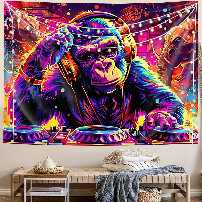 1pc Anime-Themed Blacklight Reactive Glow Tapestry, UV-Activated Wall Hanging with DJ Gorilla & Elephant, Knit Polyester Fabric, 85gsm, for Bedroom Ceiling, Dorm & Living Room Decor, No Electricity Needed