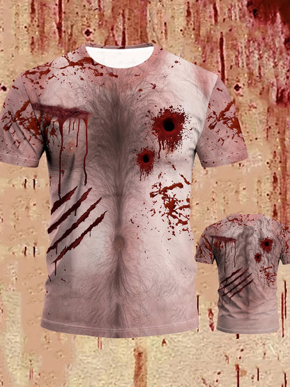 Men's Blood Splatter Print T-Shirt, Casual Round Neck Short Sleeve Tee, Halloween Party Top, Polyester, Regular Fit, Summer Fashion, Adult Unisex