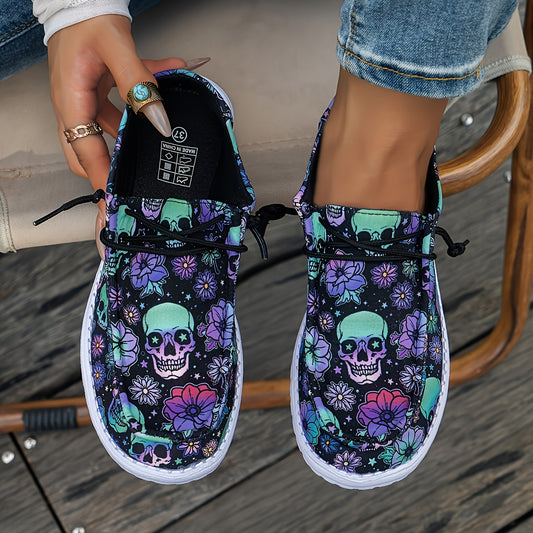 Women's Skull & Floral Print Slip-On Loafers - Lightweight Casual Shoes with Round Toe, Easy On/Off Design, Breathable Fabric & EVA Sole for All-Season Wear, Skull Shoes, Leisure Footwear, Unique Pattern Footwear, Flexible Fo