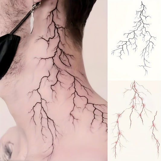1pc Large Gothic Dark Style Black and Red Lightning Temporary Tattoo Sticker, Waterproof Creative Abstract Sexy Line Art, Halloween Blood Lightning Original Herbal Juice Tattoo Decal, Body Art