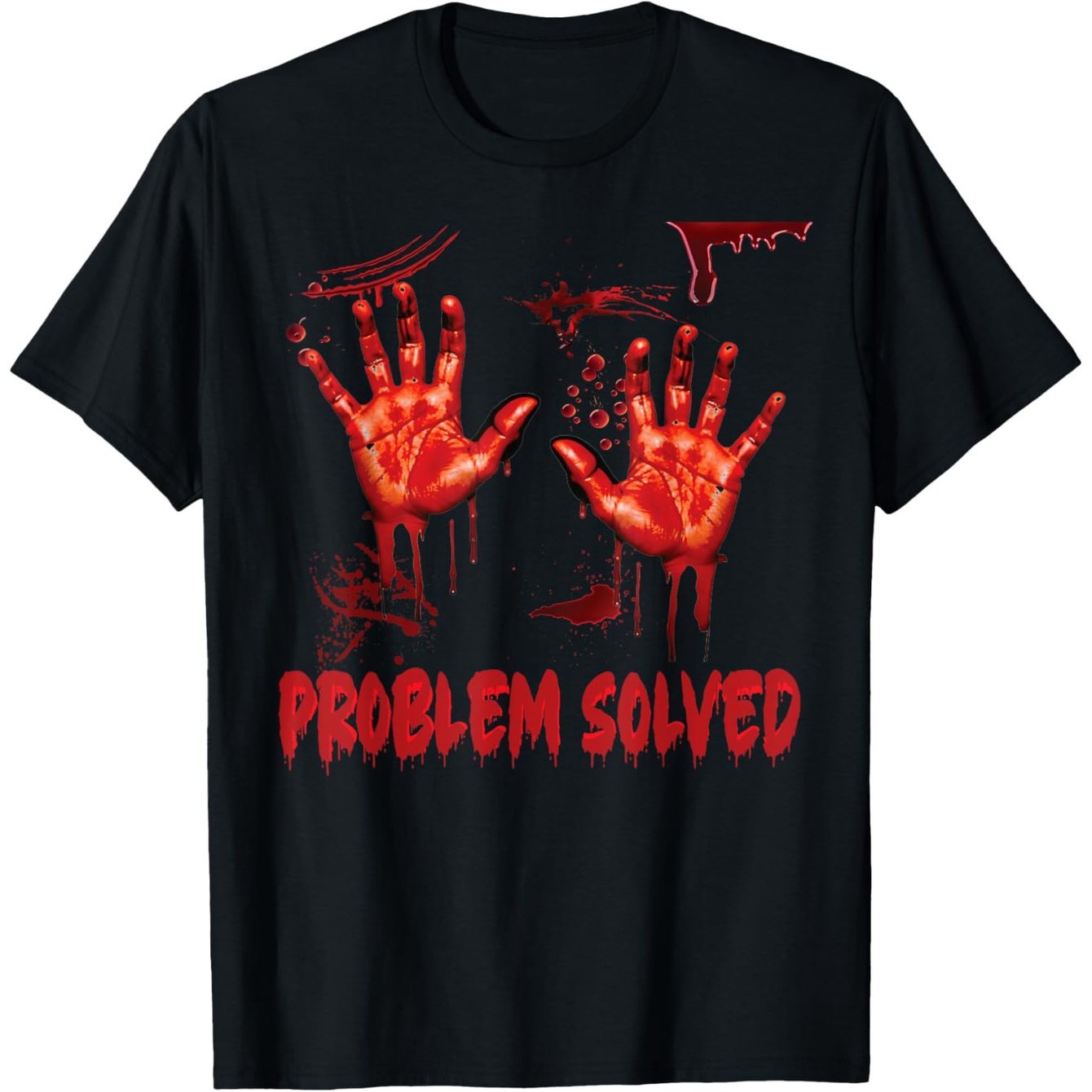 Men's Halloween T-Shirt - PROBLEM SOLVED Bloody Hands Graphic Horror Movie Tee - Soft Breathable Cotton Crewneck Short Sleeve Shirt with Red Drip Design - Spooky Gift for Dad, Mom, Friends - Year-Round Casual Wear & Themed Pa