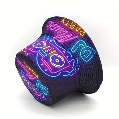 1pc Neon DJ Music Party Hat - Vibrant Printed Bucket Hat with "DISCuss WHAT'S THIS?" Design, Lightweight Polyester, Perfect for Music Festivals & Hip-Hop Themed Events, Disco Party Accessories