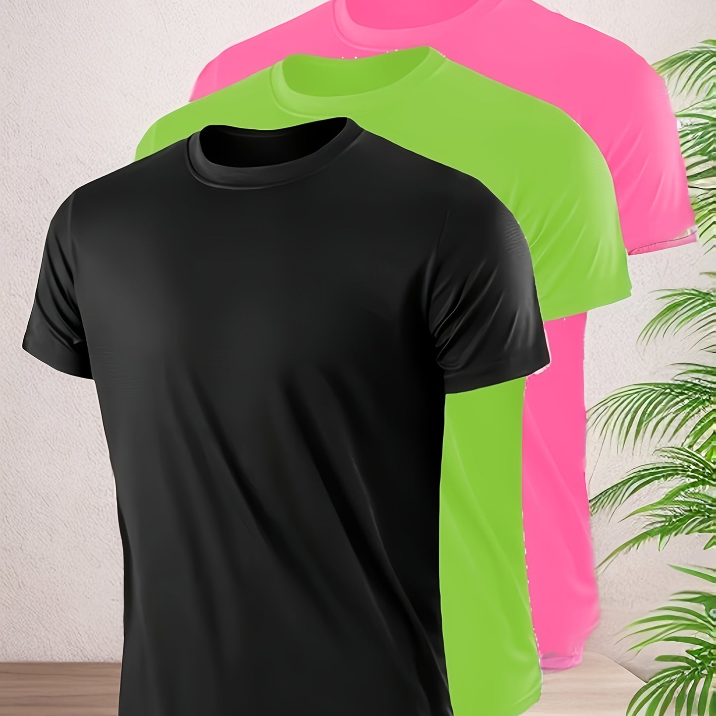 3pcs Men's Quick-Dry Breathable T-Shirts - Moisture-Wicking Lightweight Relaxed Fit Short Sleeve Tees for Gym, Training & Casual Wear - All-Season Comfort in Black, Neon Green, Pink, Solid Color Apparel, Durable Fabric Shirt