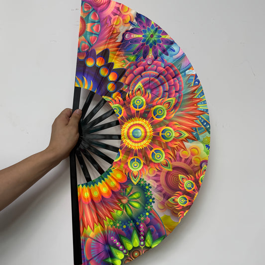 Large Fluorescent Kung Fu Folding Fan - Vibrant Multicolor Feather Design, Foldable Battery-Free Fan for EDM Festivals, Drag Queen Performances, Parties & Events