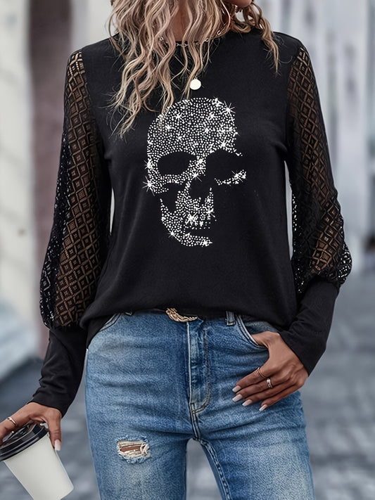 Skull Rhinestone Crew Neck T-Shirt, Contrast Lace Long Sleeve T-Shirt For Spring & Fall, Women's Clothing
