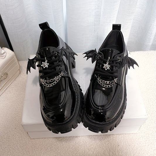 [Goth Bat Wing Flats] Goth Bat Wing Design Women's Stylish Black Lace-Up Flats | Silvery Star Charms & Chain Detail, Thick Rubber Sole, All-Season Comfort, Sweet & Edgy Fashion Statement