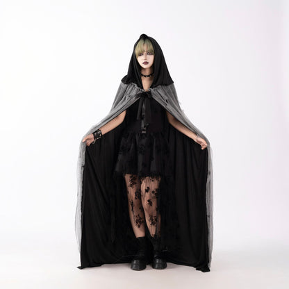 Halloween Witch Cloak Skull Clothes Mask Script Kill Ghosthouse Chamber Dress up Zombie Costume, Black Hooded Skull Mask with Glowing Eyes, Long Flowing Cape & Chains