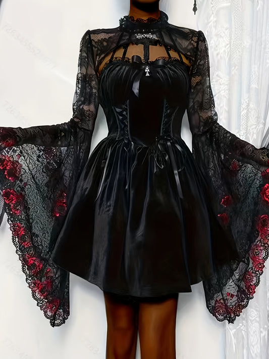 [Gothic Lace Shawl Top] Gothic Lace Shawl Top for Women - Semi-Sheer High Neck Long Sleeve with Red Rose & Black Guipure Lace Trim, Asymmetrical Hem, Loose Fit, Year-Round Versatile Party Wear, Halloween Costume (Hand Washabl