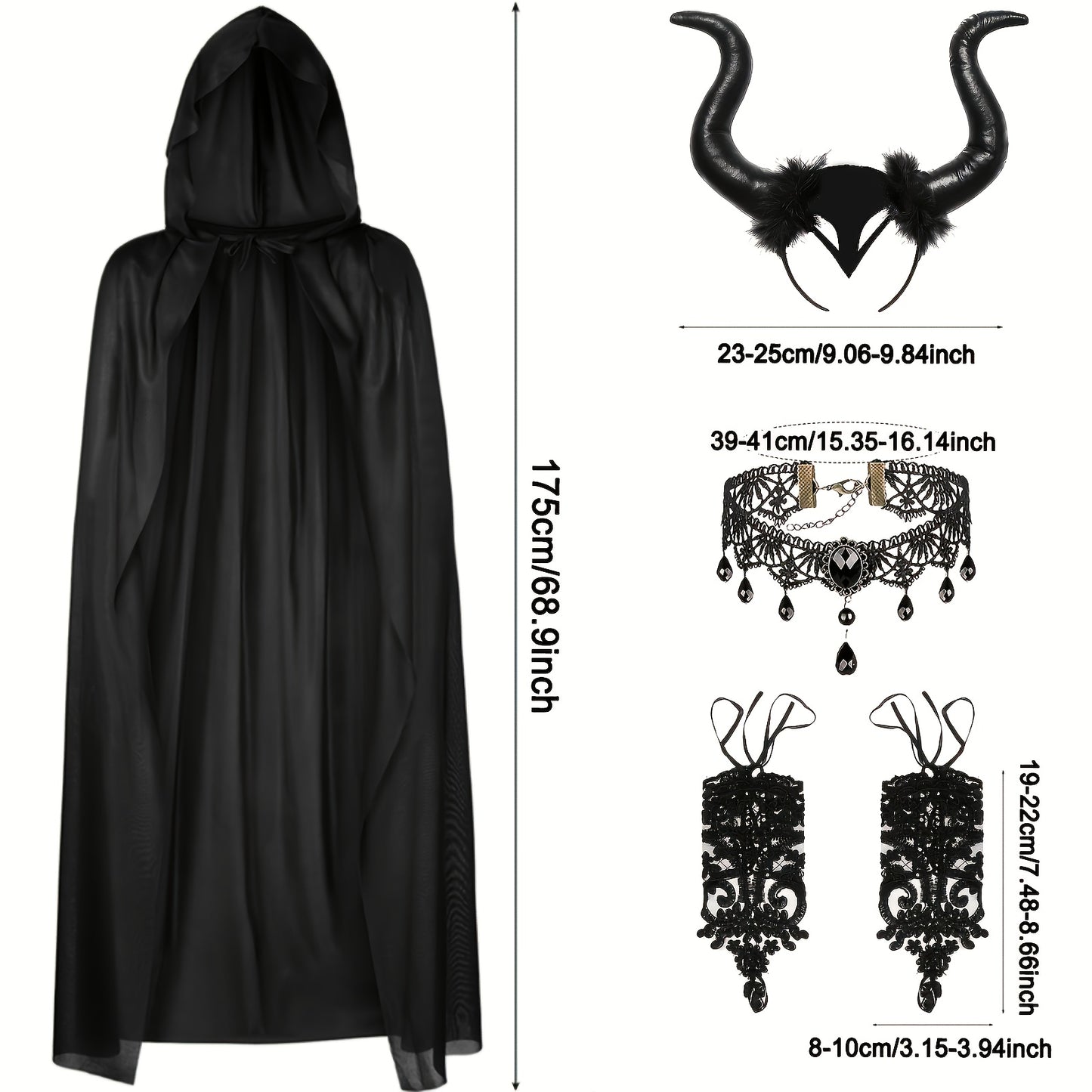 [Halloween Devil Costume Set] 5pcs Halloween Devil Costume Set | Black Witch Cape, Devil Horns Headband, Lace Fingerless Gloves, Gothic Queen Dress Up, Carnival Wizard Party Accessories
