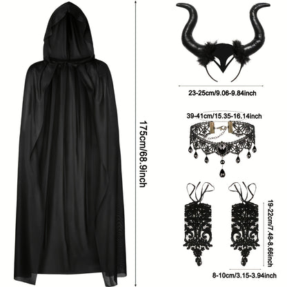 [Halloween Devil Costume Set] 5pcs Halloween Devil Costume Set | Black Witch Cape, Devil Horns Headband, Lace Fingerless Gloves, Gothic Queen Dress Up, Carnival Wizard Party Accessories