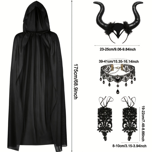 [Halloween Devil Costume Set] 5pcs Halloween Devil Costume Set | Black Witch Cape, Devil Horns Headband, Lace Fingerless Gloves, Gothic Queen Dress Up, Carnival Wizard Party Accessories