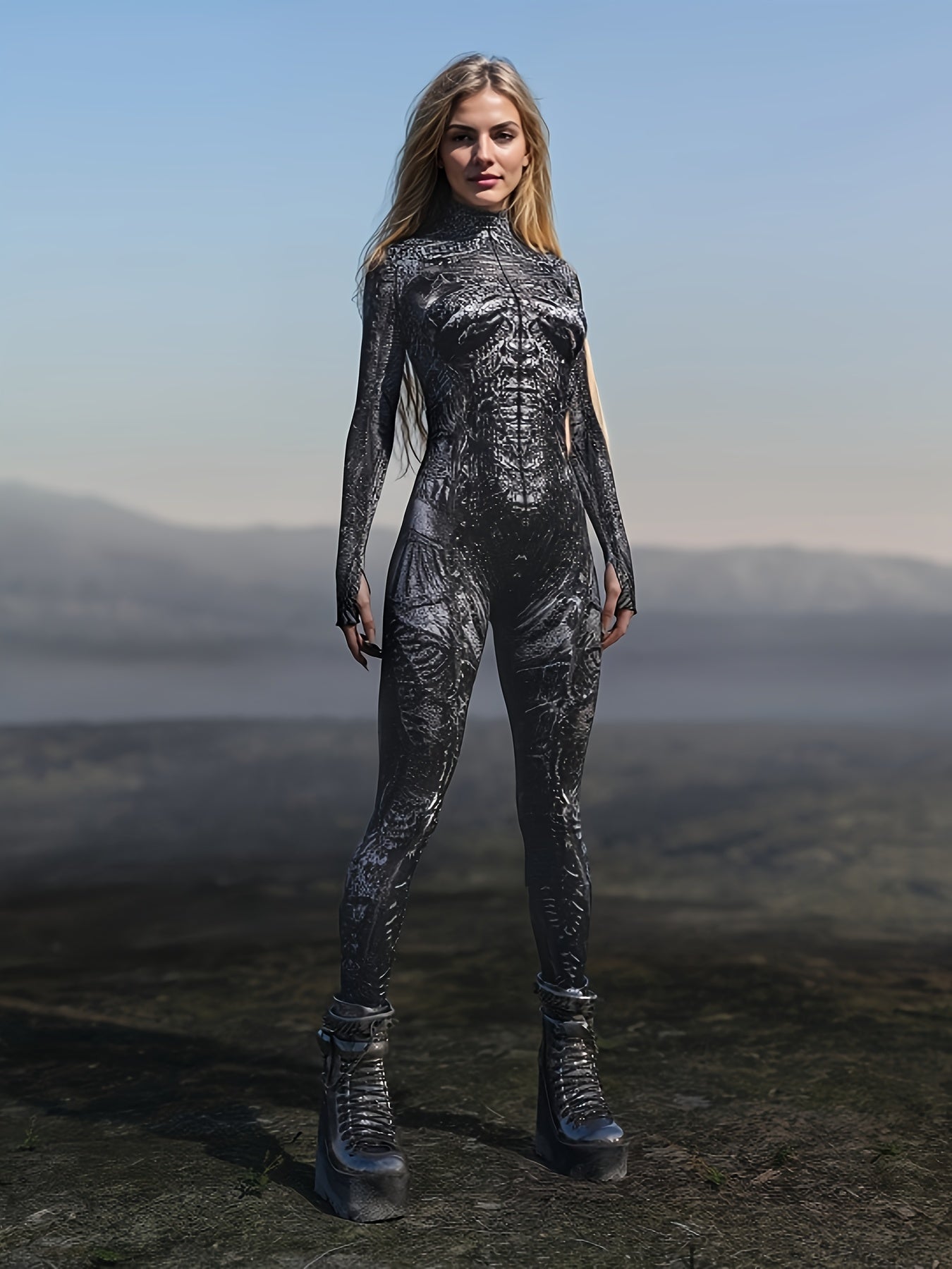 [Burning Zombie Art Bodysuit] Stretchy, Form-Fitting Women's Burning Zombie Art Bodysuit - High Neck Long Sleeve with Zipper Detail, Black & Red Print for Halloween, Parties, Cosplay & Themed Events, Halloween Costume, Themed
