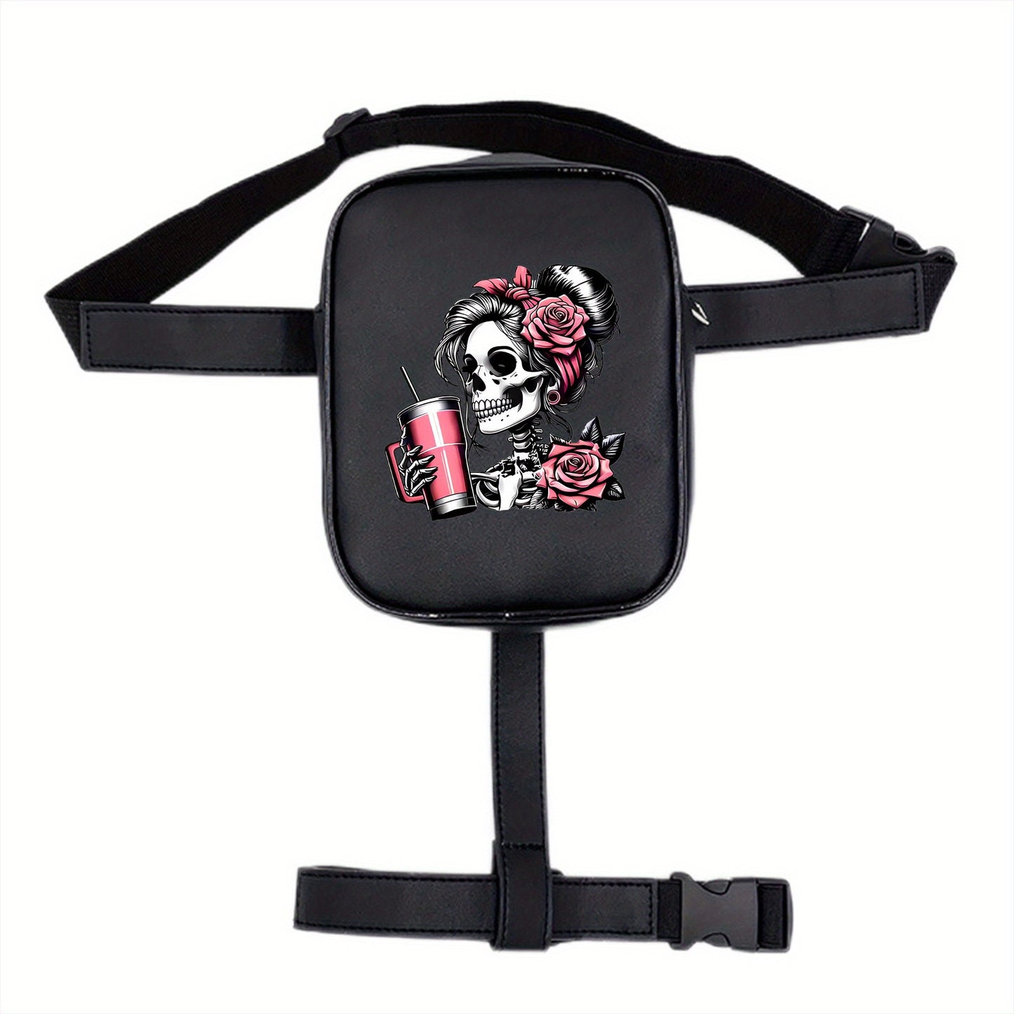 Gothic Skull Print Adjustable Waist Bag - Lightweight Foldable Nylon Sports Pack for Running Cycling Fitness, Black with Pink Roses & Straws Design, Multi-Functional Phone Storage Mini Leg Pack, Cycling Storage Bag | Edgy Fas
