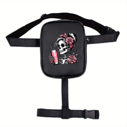 Gothic Skull Print Adjustable Waist Bag - Lightweight Foldable Nylon Sports Pack for Running Cycling Fitness, Black with Pink Roses & Straws Design, Multi-Functional Phone Storage Mini Leg Pack, Cycling Storage Bag | Edgy Fas